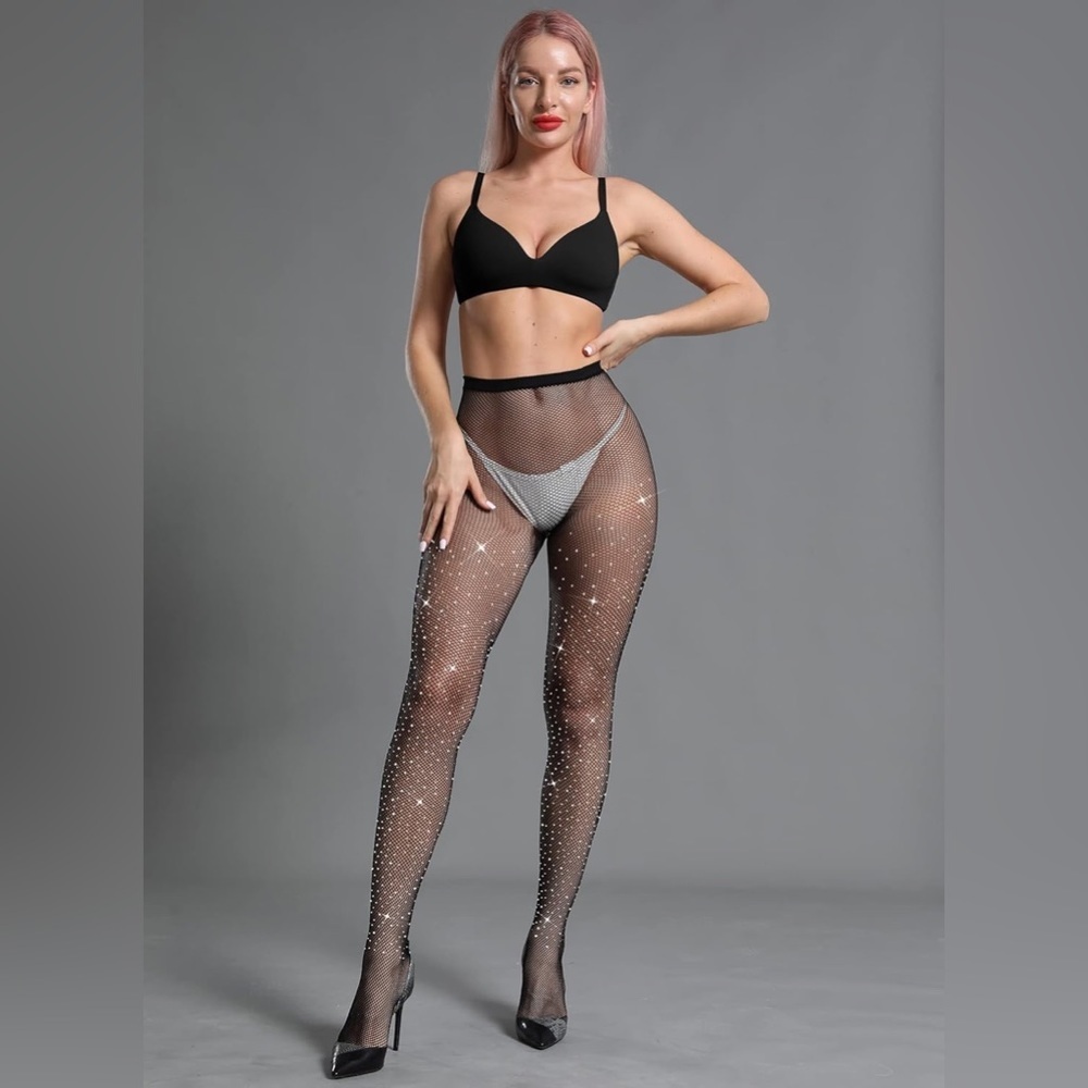 🌹NWT  Zara Black Mesh Tights with Rhinestone Appliqués. Size L.